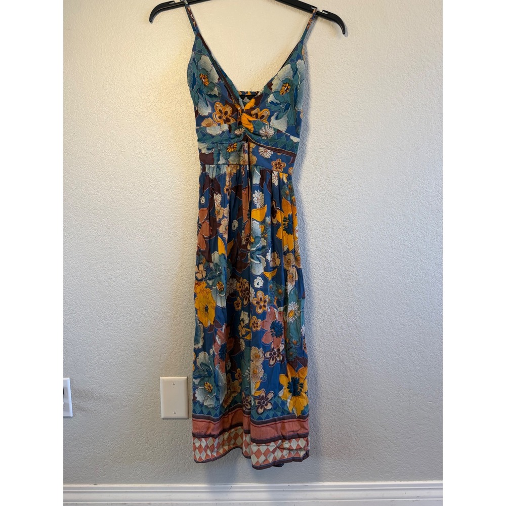 Angie Floral Boho Midi Dress Blue Orange Smocked Back Size S
